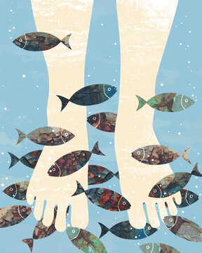 Bare feet with small fish nibbling during spa treatment illustration