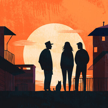 Friends chatting on an urban street at sunset in vector illustration