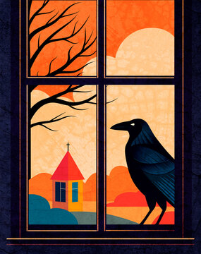 Ominous crow on window sill overlooking church at sunset vector