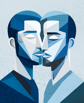 Abstract vector illustration of intimate kiss in cubist style