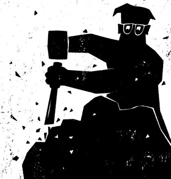 Vector illustration of sculptor carving stone with chisel and hammer