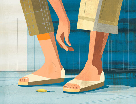 Hand picking up coin from ground in vector illustration