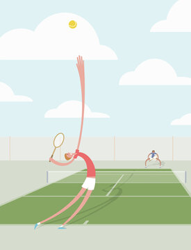 Vector illustration of tennis play and serve on outdoor court in summer