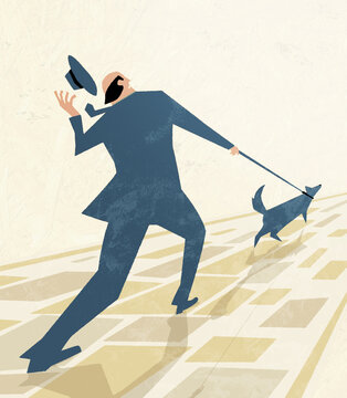 Businessman dragged by eager dog on leash in vector street scene