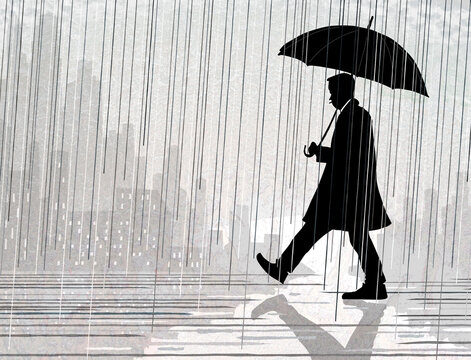 Businessman walking with umbrella in heavy rain city vector illustration