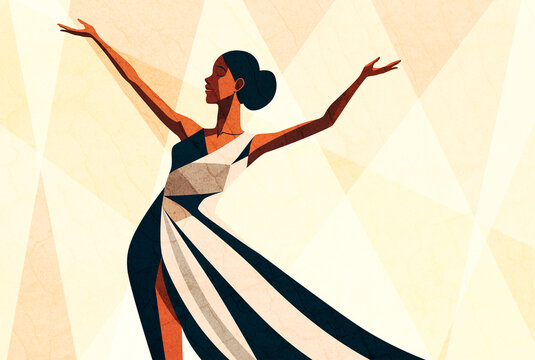 Elegant performer in flowing dress on stage under spotlights illustration