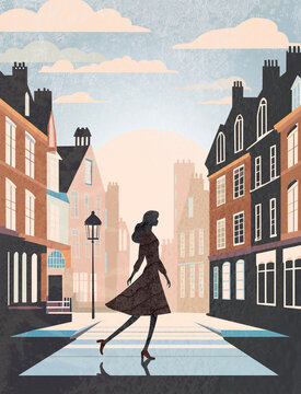 Confident woman walking in old town street vector illustration