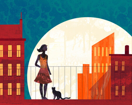 Vector illustration of woman and cat on city balcony at night