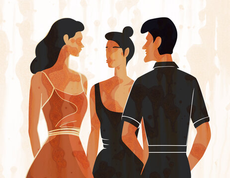 Digital collage illustration of friends with weathered texture