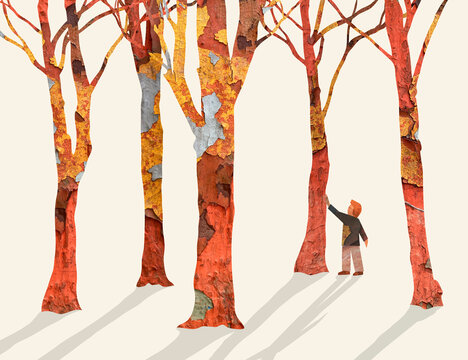 Boy touching tree in digital collage woodland illustration