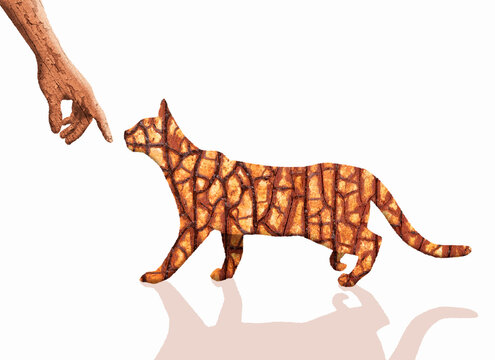 Rusty weathered cat illustration with hand reaching out on white