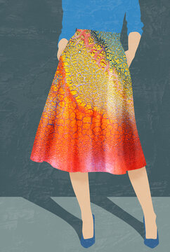 Colorful patterned skirt in digital collage fashion illustration
