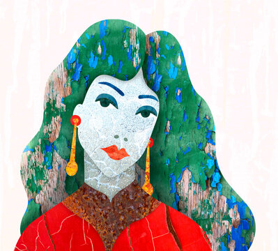 Digital collage portrait illustration with fashion and weathered texture