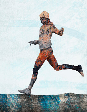 Digital collage illustration of runner in cold weather with textured effect