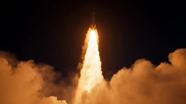 Rocket launching into space against dark night sky with smoke and flame