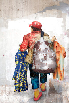 Woman in digital collage illustration walking and carrying colorful clothes