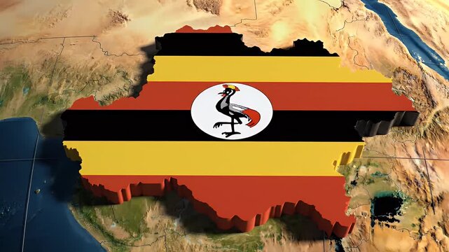 3D map of Uganda with its flag and a crested crane emblem