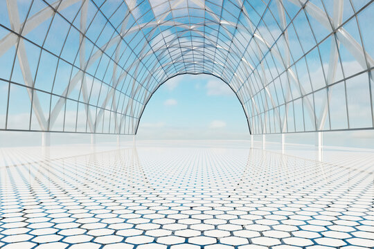 Futuristic glass tunnel with water reflection and blue sky
