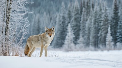 Fototapeta premium Coyote in a quiet, snow-lit landscape with tracks and frost