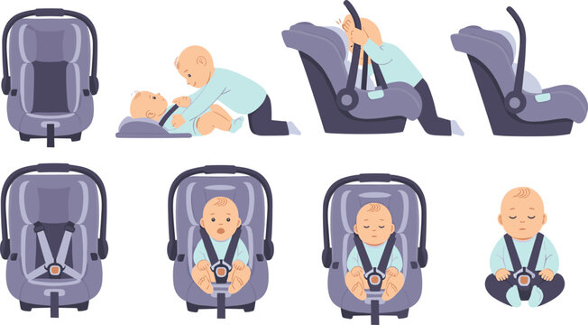 Baby Car Seat Usage Vector Set with Installation Steps Buckling Safety Harness and Infant Travel Protection Scenes for Parenting Illustration Design.