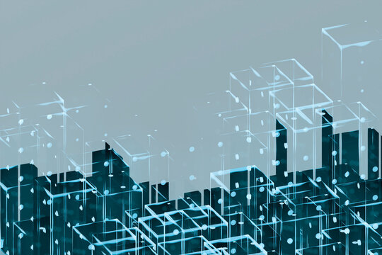 Digital abstract cityscape with glowing cubes and data network