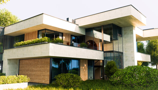 Modern sustainable home exterior with minimalistic architecture