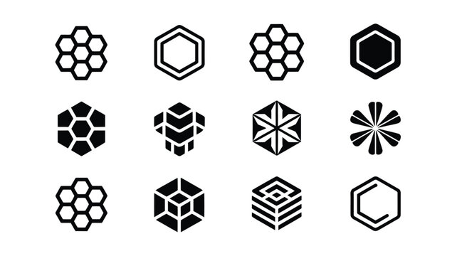 Collection of minimalist hexagonal shapes and geometric patterns in black on white background for design and branding