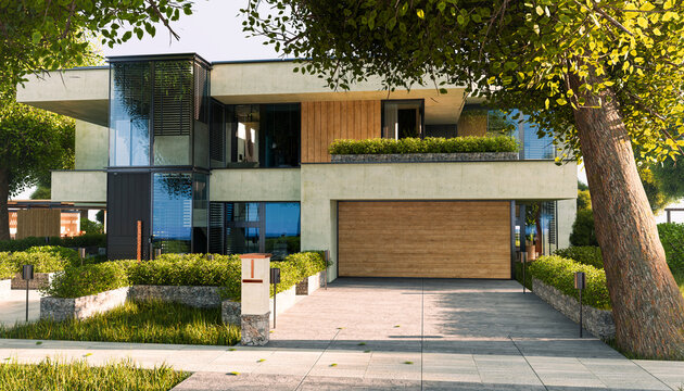 Modern minimalistic home exterior with large garage and garden