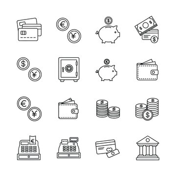 Set of financial and money line icons including credit cards, coins, piggy banks, wallets, cash registers, and a bank building.