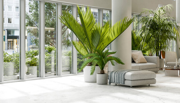 Modern minimalistic hotel lounge interior with sofa and indoor plants