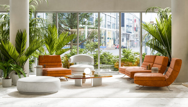 Modern hotel lounge area with minimalist decor and indoor plants