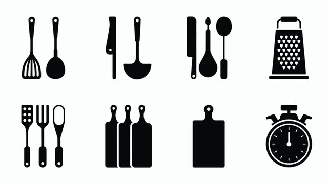 Kitchen utensils and tools silhouette logo bundle for cooking and food preparation