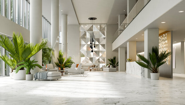 Modern minimalistic hotel lobby interior with reception and marble floor