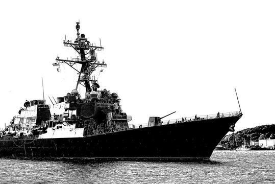 GUIDED MISSILE DESTROYER - An American warship is maneuvering in port
