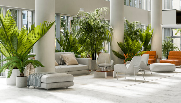 Modern hotel lobby interior with marble floor and indoor plants