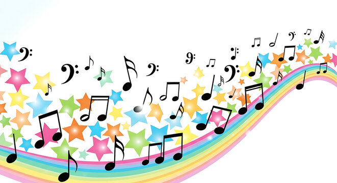 Playful musical notation with rainbow trails and colorful stars