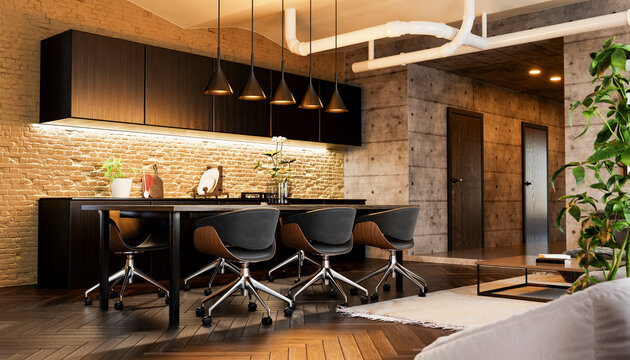 Modern loft kitchen workspace with bar stools and contemporary design