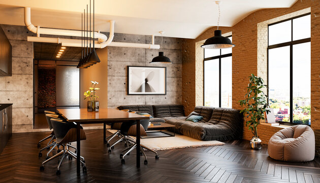 Modern loft interior with dining table sofa and large windows
