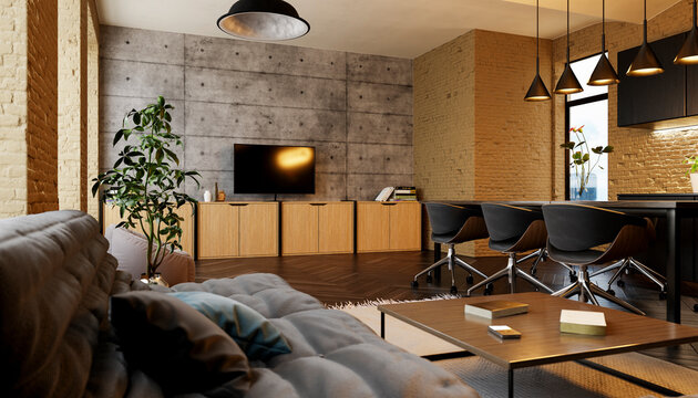 Modern loft living room with sofa television and minimalist decor