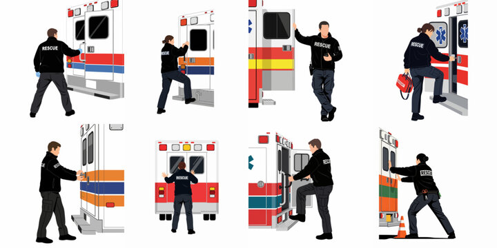 Set of illustrations depicting male and female rescue workers and first responders interacting with ambulances in various emergency service scenarios.