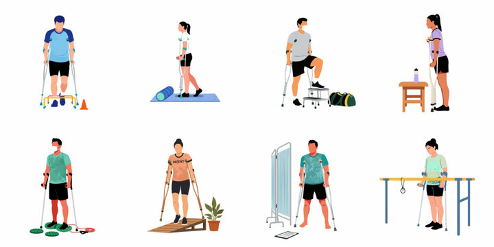 Collection of diverse people performing rehabilitation exercises and physical therapy with crutches for recovery and mobility.