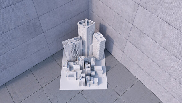 3d rendering of modern urban architectural model on tiled floor