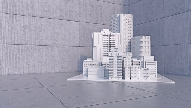 3d rendering of modern urban architecture model in a concrete room