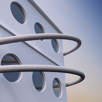 Modern 3d rendered building facade with round windows and curved balcony