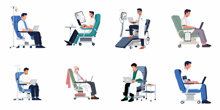 Flat vector illustration set of patients and healthcare professionals working on laptops while receiving medical treatment in clinical chairs.