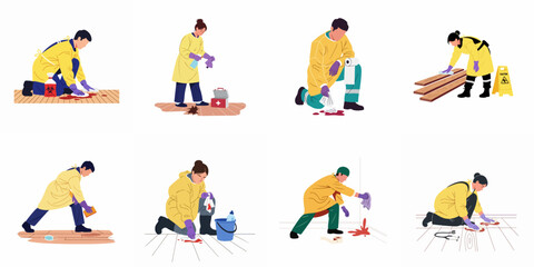 Fototapeta premium Set of professional workers in protective gear cleaning up biohazard spills and blood stains, remediation and sanitization service flat vector illustrations.
