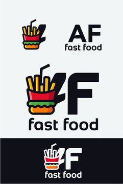 FAF Fast Food Logo with Burger French Fries and Soda Icon
