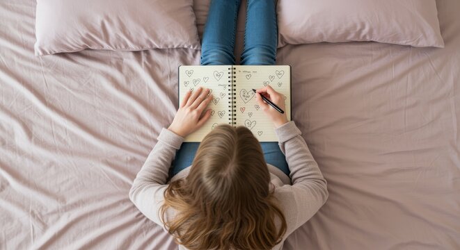 Girl scribbling hearts in notebook while lying on bed in bright soft room with pastel bedding