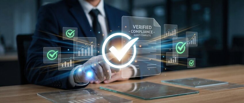 Ensuring verified compliance in business operations corporate office digital compliance management professional environment close-up view business growth and efficiency