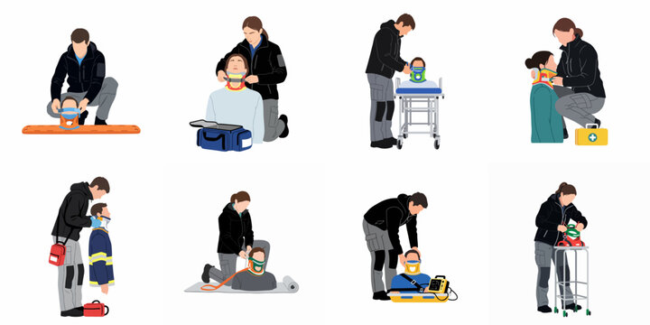 Emergency medical responders applying cervical collars to patients in various rescue and first aid scenarios, flat vector illustration set.
